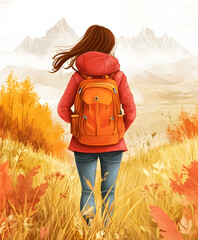 Poster - A woman in an orange backpack and red jacket stands in a golden autumn landscape, gazing at distant mountains under a soft, warm sky