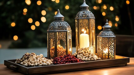 Aufkleber - A beautifully arranged table displays an array of traditional iftar foods, including nuts and dried fruits, illuminated by ornate lanterns. The ambiance evokes warmth and joy during Ramadan