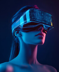 Poster - A woman wearing futuristic VR goggles with a glowing digital interface, set against a dark, colorful background