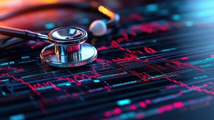 Poster - Stethoscope on a medical chart with financial data for healthcare sector analysis and wellness trends