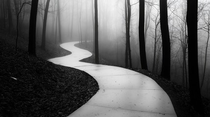 Poster - A winding path through a misty forest, with only silhouettes visible