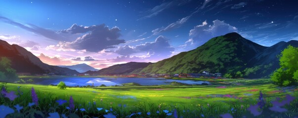 Poster - A serene landscape featuring mountains, a calm lake, lush greenery, and a colorful sky with clouds at dusk.