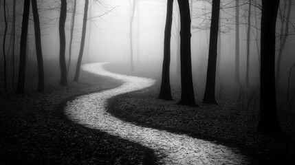 Poster - A winding path through a misty forest, with only silhouettes visible