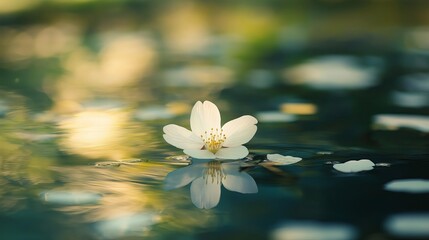 Poster - A delicate cherry blossom petal drifting on a still pond