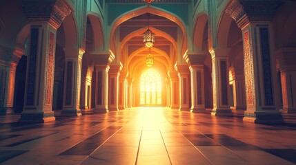 Poster - Golden rays of sunset pour through the ornate arches of a mosque, illuminating the serene interior. This sacred space reverberates with peace, inviting reflection during Ramadan kareem