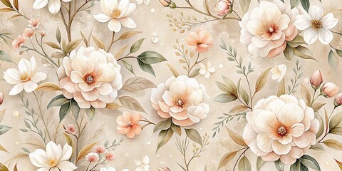  Elegant Peach & White Floral Spring Pattern - Beige Background Stock Photo