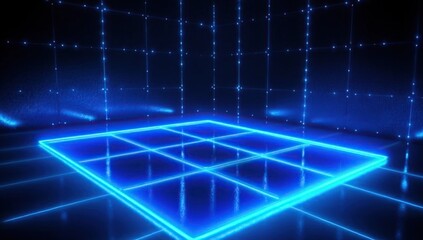 Poster - Neon Grid: Futuristic Blue Light Display, Glowing Square Platform, Abstract Digital Art,  Cyberpunk Style,  Bright, Energetic,  Virtual Reality Scene