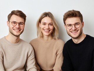 Three young friends in casual winter attire smiling at the camera conveying warmth joy and social bonding in a contemporary lifestyle group portrait photography