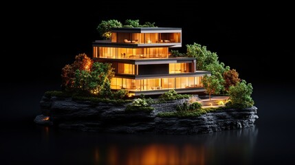 Poster - Model house on rock with holographic projection of ultra-modern building design in high fidelity