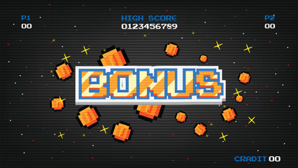 Aufkleber - BONUS. pixel art .8 bit game. retro game. for game assets .Retro Futurism Sci-Fi Background. glowing neon grid. and stars from vintage arcade computer games