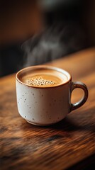 Wall Mural - Warm cup of coffee placed on wooden table in cozy cafe setting during morning