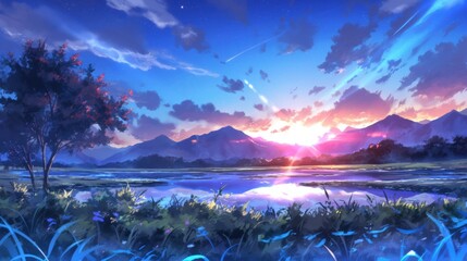 Wall Mural - A serene landscape at sunset, showcasing vibrant colors, mountains, a tranquil lake, and lush vegetation under a dramatic sky.