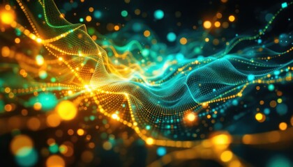 Poster - abstract digital wave of glowing particles in blue and gold tones