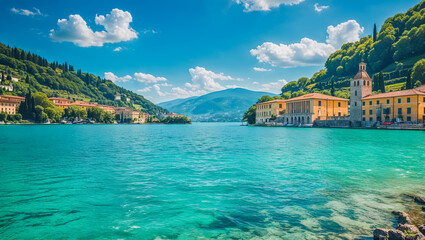 Picturesque Lake Orta Italy, sunny summer day