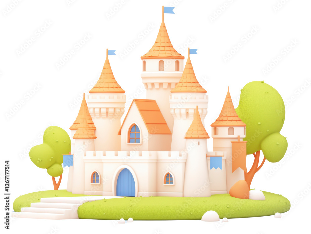 Medieval castle with towers surrounded by trees and bushes in a lush ...