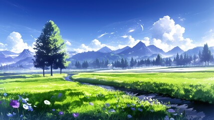 Wall Mural - a serene landscape featuring lush green fields, a flowing stream, and majestic mountains under a bri