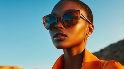 Wall Mural - Close-up portrait of a stylish young woman with short hair wearing sunglasses, against a desert landscape background.