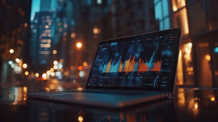 Poster - Night City Finance: Laptop Displaying Stock Market Data