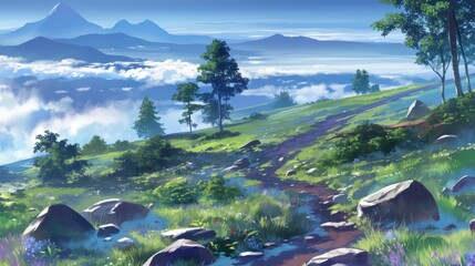 Poster - A serene landscape featuring rolling hills, lush greenery, a winding path, and misty mountains in the background under a clear blue sky.