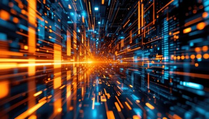 Fototapete - Futuristic digital data stream with vibrant orange and blue lights