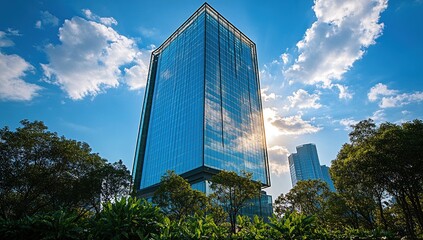 Poster - Modern Glass Skyscraper Architecture Reflecting Clouds, Sunlight, and Green Urban Landscape