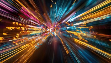 Poster - Vibrant City Lights Streaks, Burst of Color, Night Photography, Dynamic Light Trails, Urban Speed, Motion Blur, Abstract Art,  Illuminated Cityscape, Nighttime Energy, Golden Hues, Teal Accents.