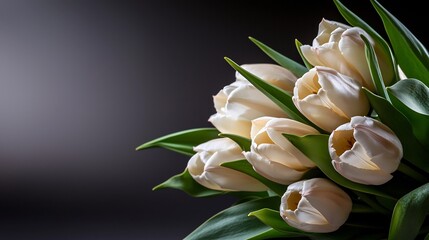 white tulip bouquet against a dark background with green leaves