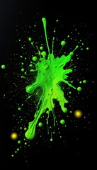 Poster - Vibrant neon green paint splash on black background with dynamic droplets