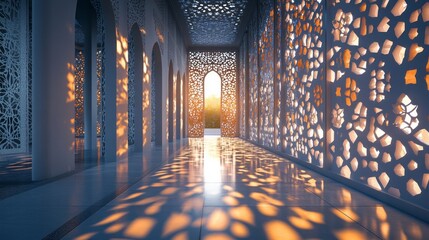 Poster - Intricate patterns of light and shadow dance across polished marble floors as the sun sets, creating a magical atmosphere in a tranquil courtyard filled with serenity and reflection