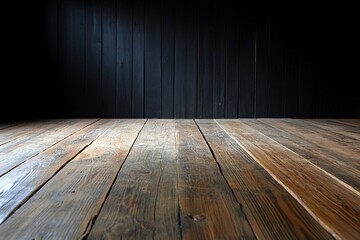 wooden floor in a dimly lit room with dark wooden walls