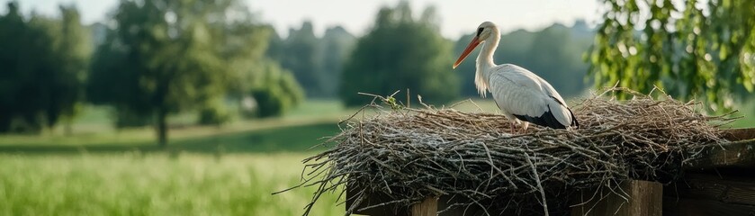 Stork Sitting on Nest in Natural Green Landscape During Bright Sunny Day Near Peaceful Meadow