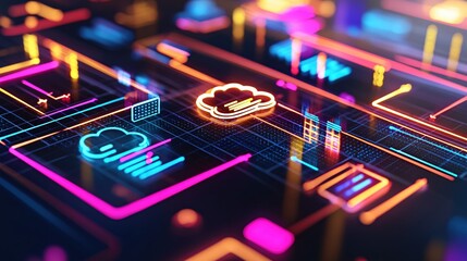 Poster - Abstract digital cloud computing network with glowing neon lines and data visualization