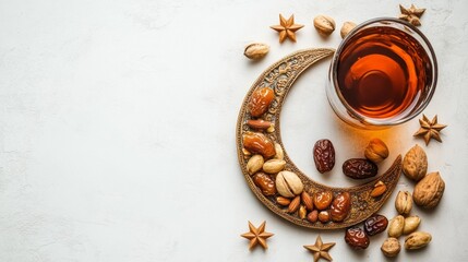 Poster - Exquisite display of various dates, nuts, and a refreshing drink beautifully presented on a crescent-shaped dish, celebrating the spirit of Ramadan in a festive atmosphere