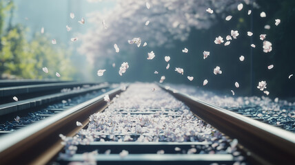 Canvas Print - 風に舞う桜の花びらと線路、連写で切り取る春の一瞬