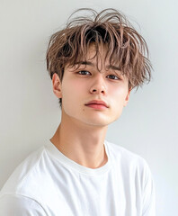 Wall Mural - A photo of a Japanese male, young and handsome with short hair. He has brown medium length hair, bangs covering his eyebrows, wearing white long sleeves. A white wall is the background.