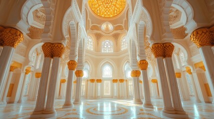 Poster - Intricate patterns and designs grace the stunning interior of a mosque, where golden accents reflect sunlight through elaborate windows, creating a serene ambiance