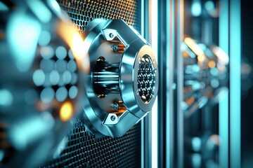 Poster - Futuristic Metallic Mechanism with Honeycomb Structure and Glowing Light in Cyan and Orange