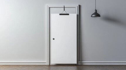Aufkleber - A sleek, modern door hanger mockup hangs on a pristine white door in a minimalist room, featuring soft lighting and a polished wooden floor, perfect for showcasing design concepts