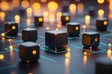 Poster - Abstract Network Connection with Glowing Cubes and Lines in a Futuristic Design