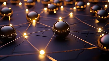 Poster - Abstract Network of Connected Spheres with Glowing Nodes on a Dark Textured Surface
