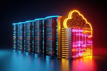 Poster - Futuristic Data Servers and Cloud Computing Concept with Neon Lights in a Dark Environment