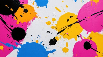 Poster - Depicts a close-up shot of paint splatters on a white surface, showcasing a vibrant and abstract composition