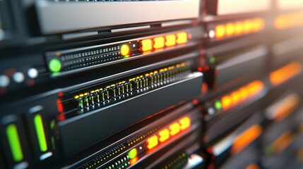 Poster - Server rack with glowing lights showing data processing and information technology hardware
