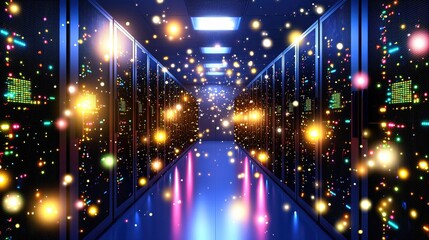 Poster - Data center server room with glowing lights and blue reflections in a futuristic style