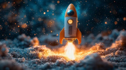 Poster - A striking image of a stylized rocket poised for launch, emphasizing the thrill of exploration and adventure amidst a backdrop of vibrant cosmic elements in an abstract setting.
