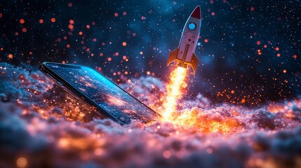 Poster - A dynamic scene depicting a colorful rocket launching from a smartphone, representing the intersection of technology and imagination, surrounded by a mesmerizing cosmic backdrop.