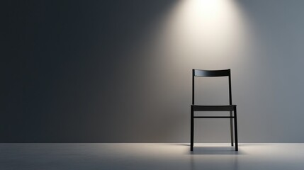 Poster - A solitary black chair stands illuminated in a spotlight against a dark, textured wall, creating a dramatic and minimalist composition