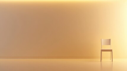 Poster - A single white chair stands against a monochromatic beige wall with a warm, diffused light source above