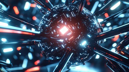 Poster - Futuristic Sphere with Glowing Red and Blue Lights Abstract Technology Concept Render