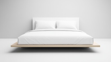 Poster - A minimalist white platform bed with a light wood base and a plain white headboard is centered in a monochromatic grey and white room, featuring two white pillows on the made-up bed